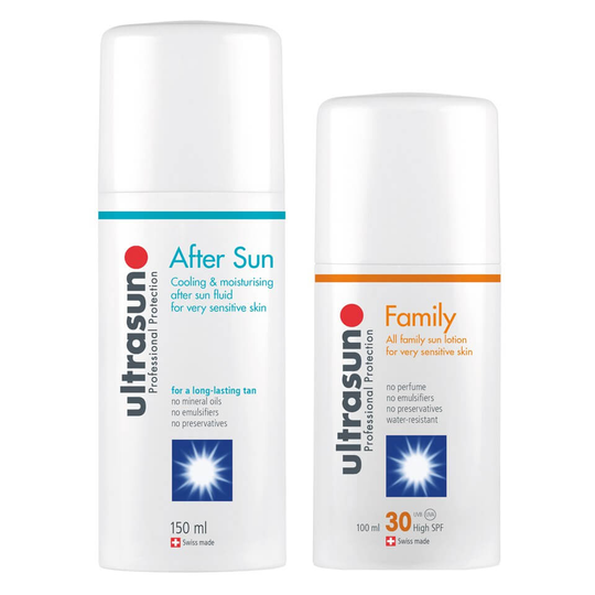 Ultrasun Family -aurinkorasva, SPF 30, Super Sensitive (100ml) ja Ultrasun Aftersun -geelivoide